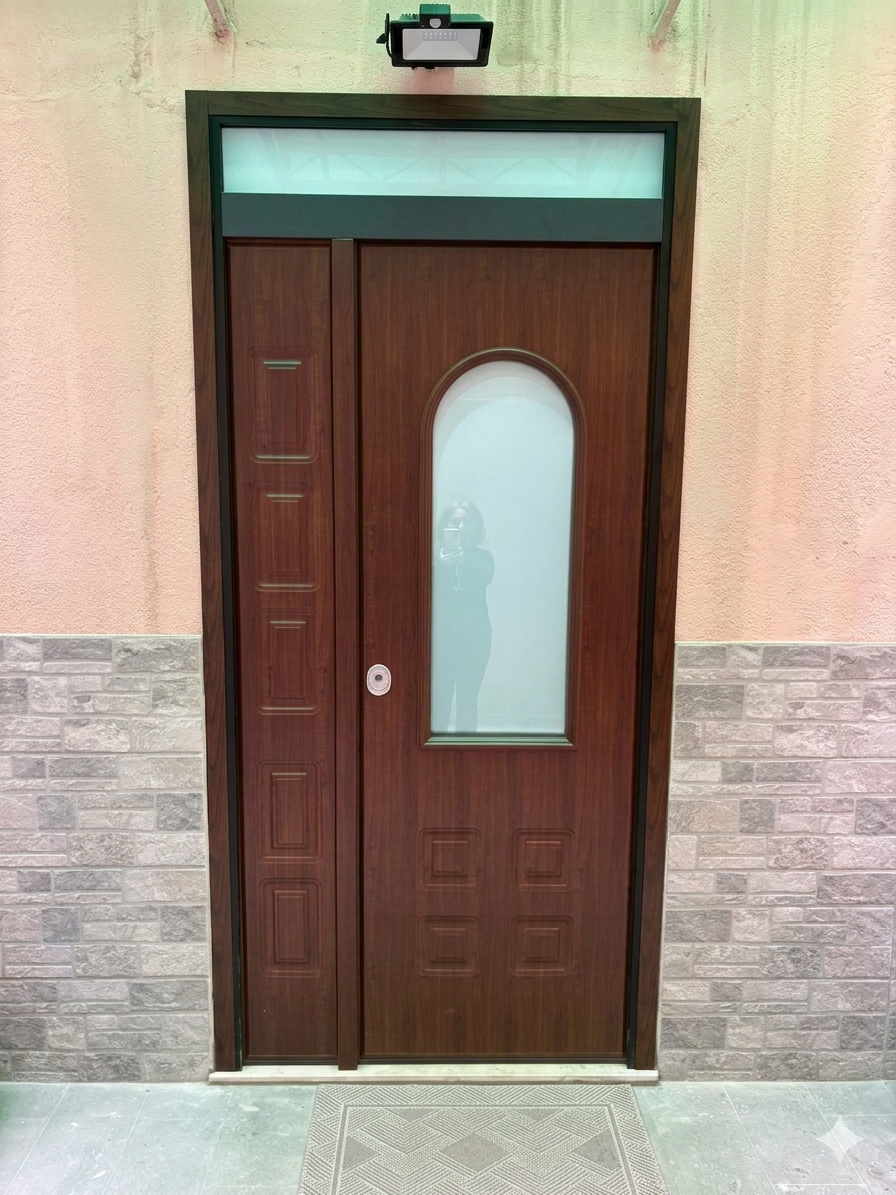 Portoncino in alluminio effetto legno su facciata esterna di edificio
