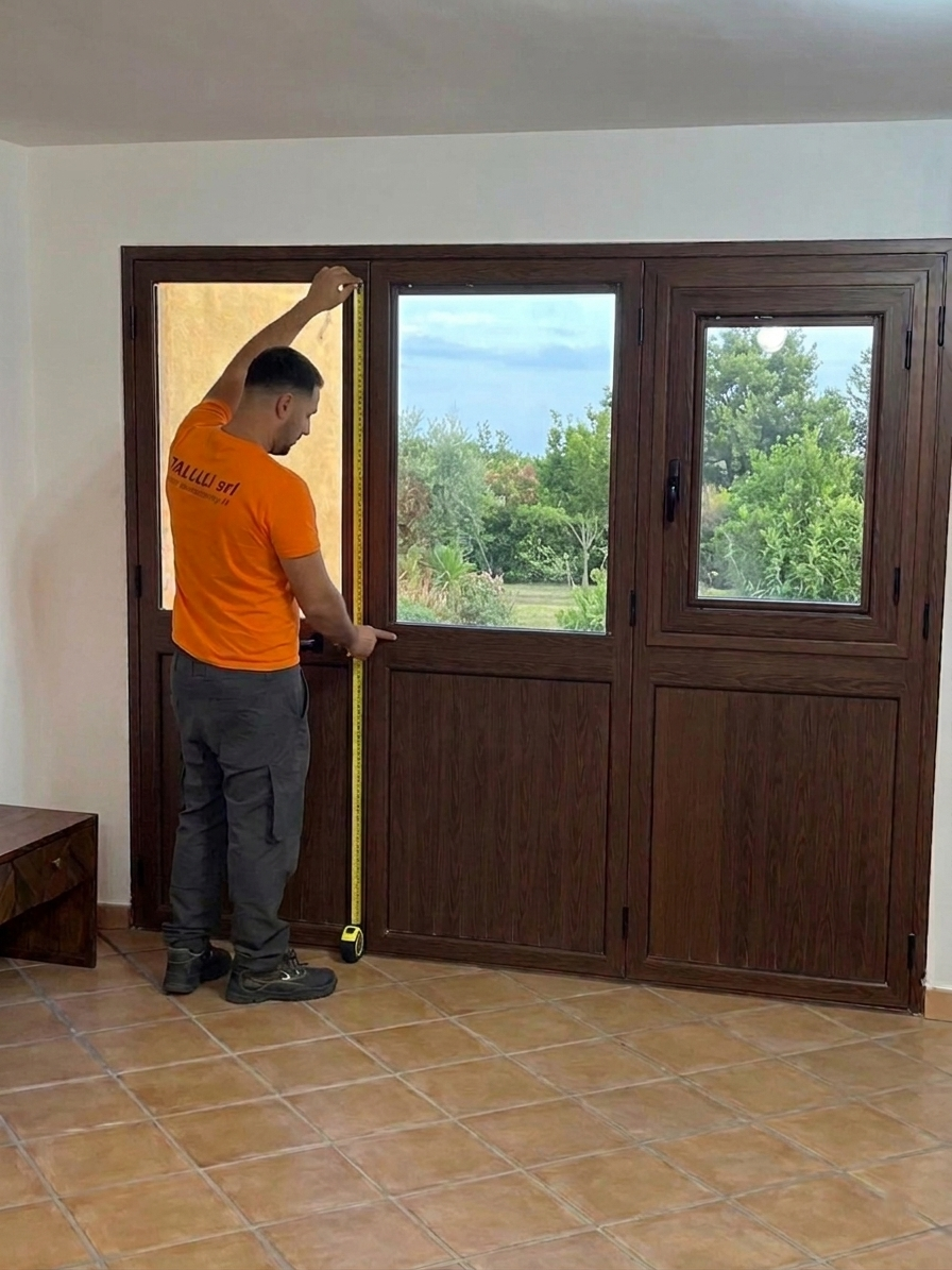 Tecnico che misura una finestra per installare tende su misura