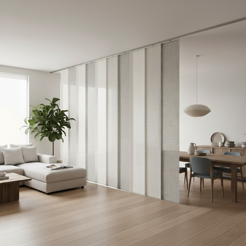 Tende a pannello scorrevoli su vetrata di zona living